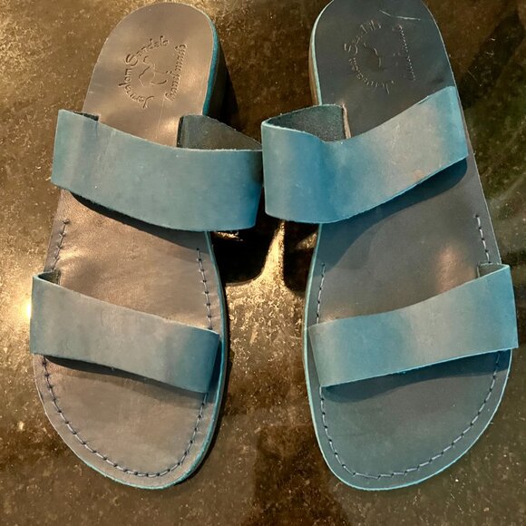 Men\'s Leather Double Strap Jerusalem Sandals Aviv Blue Size 13 US 46 EU